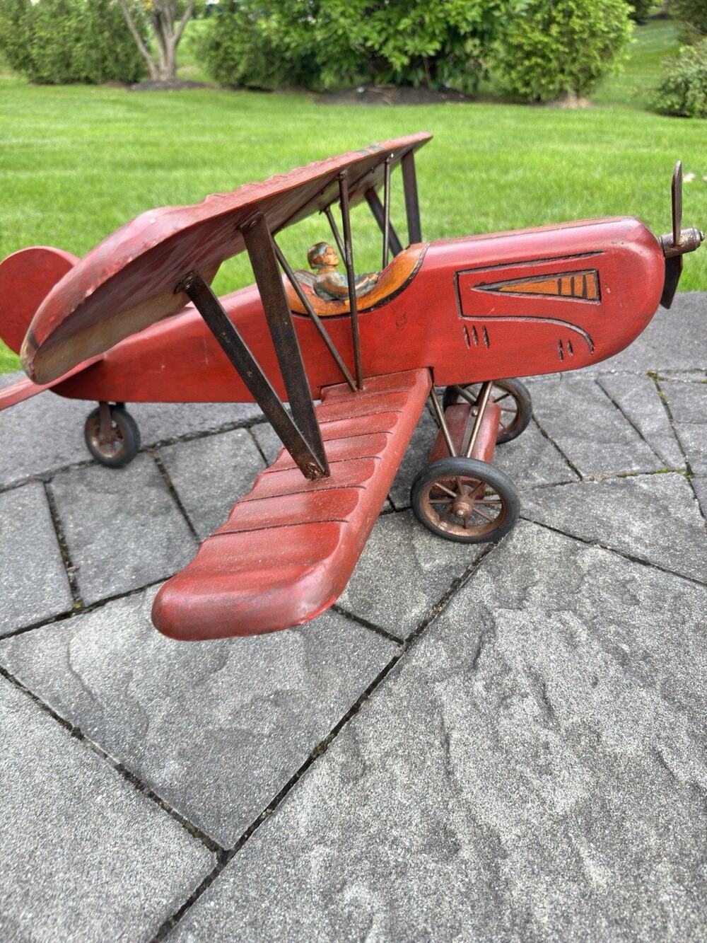 1950s Hand Carved Wood Red Biplane Fighter Airplane Model with Pilot 30x26”